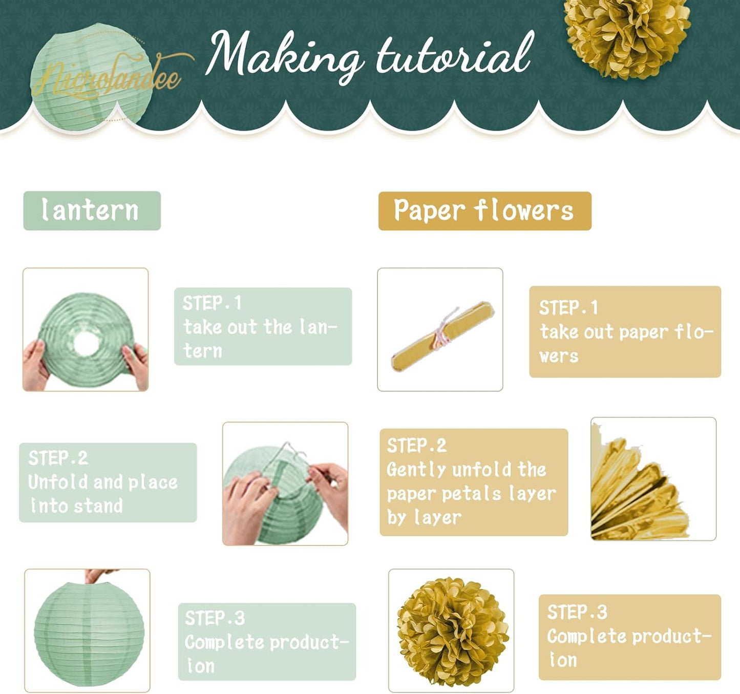 NICROLANDEE Wedding Decorations, 12PCS Hanging Paper Lanterns Tissue Pom Poms Emerald Green Backdrop Decor for Bridal Shower Birthday Baby Shower Green Theme Party Supplies