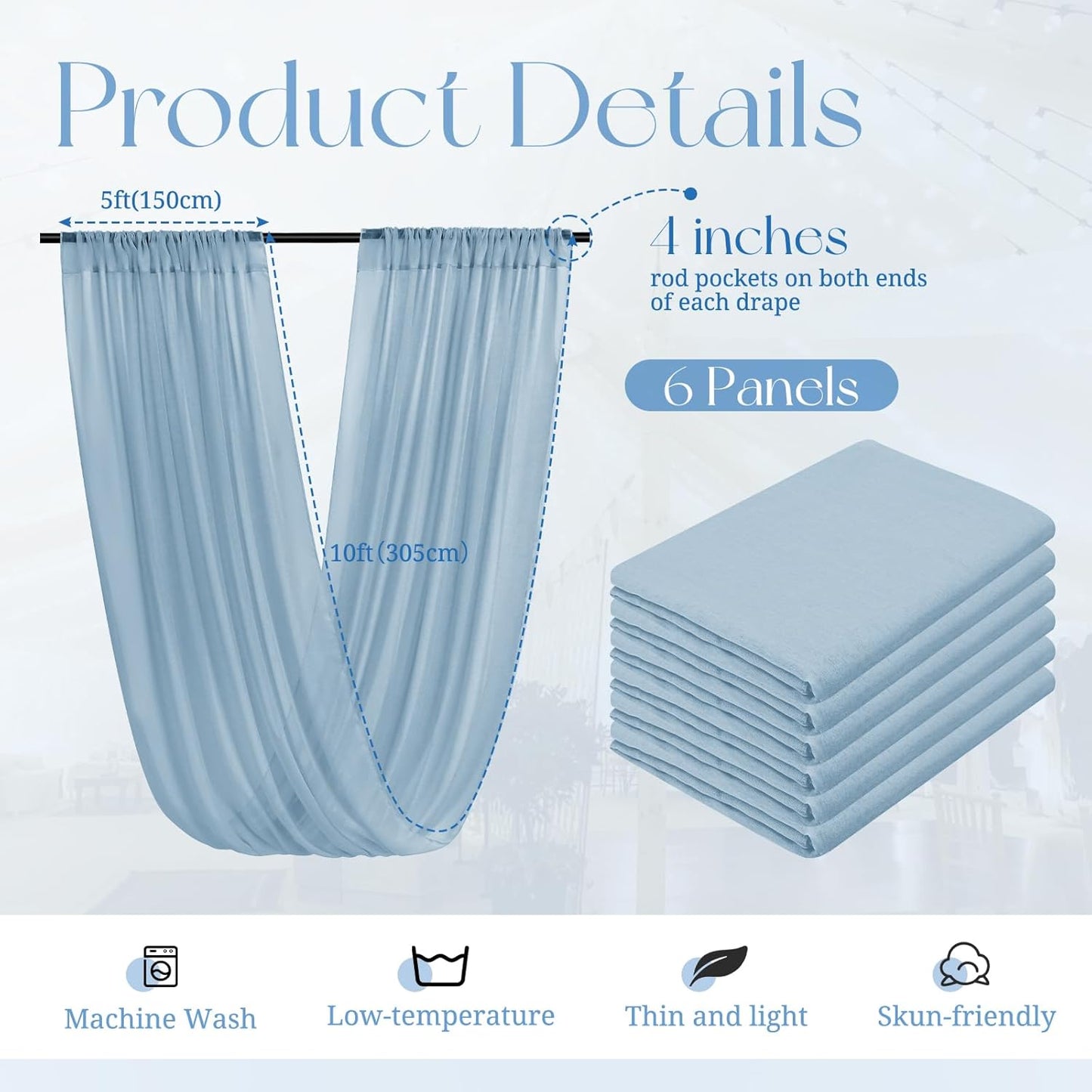 6 Panels Dusty Blue Ceiling Drapes for Wedding, 5ftx10ft Ceiling Drapes Cheesecloth Sheer Fabric Curtain Wedding Arch Draping Fabric Romantic Ceilings Decorations for Weddings Party Ceremony Stage