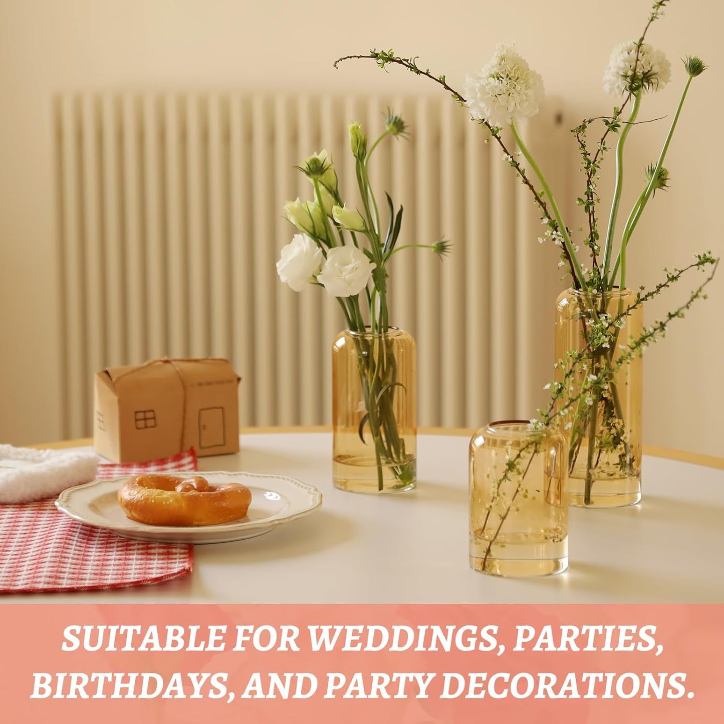 24pcs Glass Bud Vases Set, Clear Flower Vase for Centerpieces, Small Vases for Flowers, Decor Centerpiece for Bathroom, Decorative Vases for House Warming (Amber)