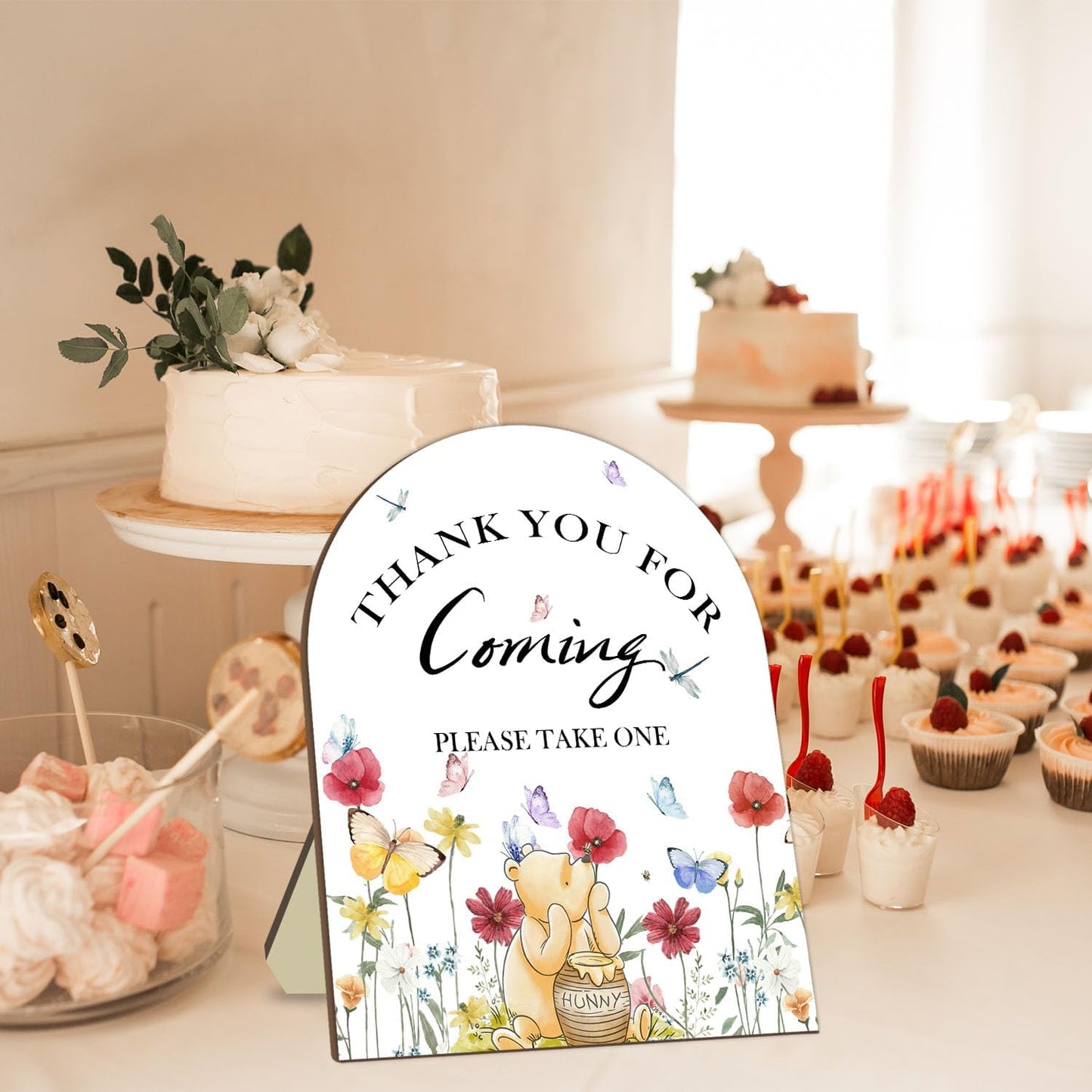 Winnie Bridal Shower Sign, Classic Pooh Thank You Wooden Sign for Women Men, Floral Butterfly Decor Wedding Shower Favors Sign, Bridal Shower Gifts for Guests, Thank You for Coming Please Take One Sign 9*11IN