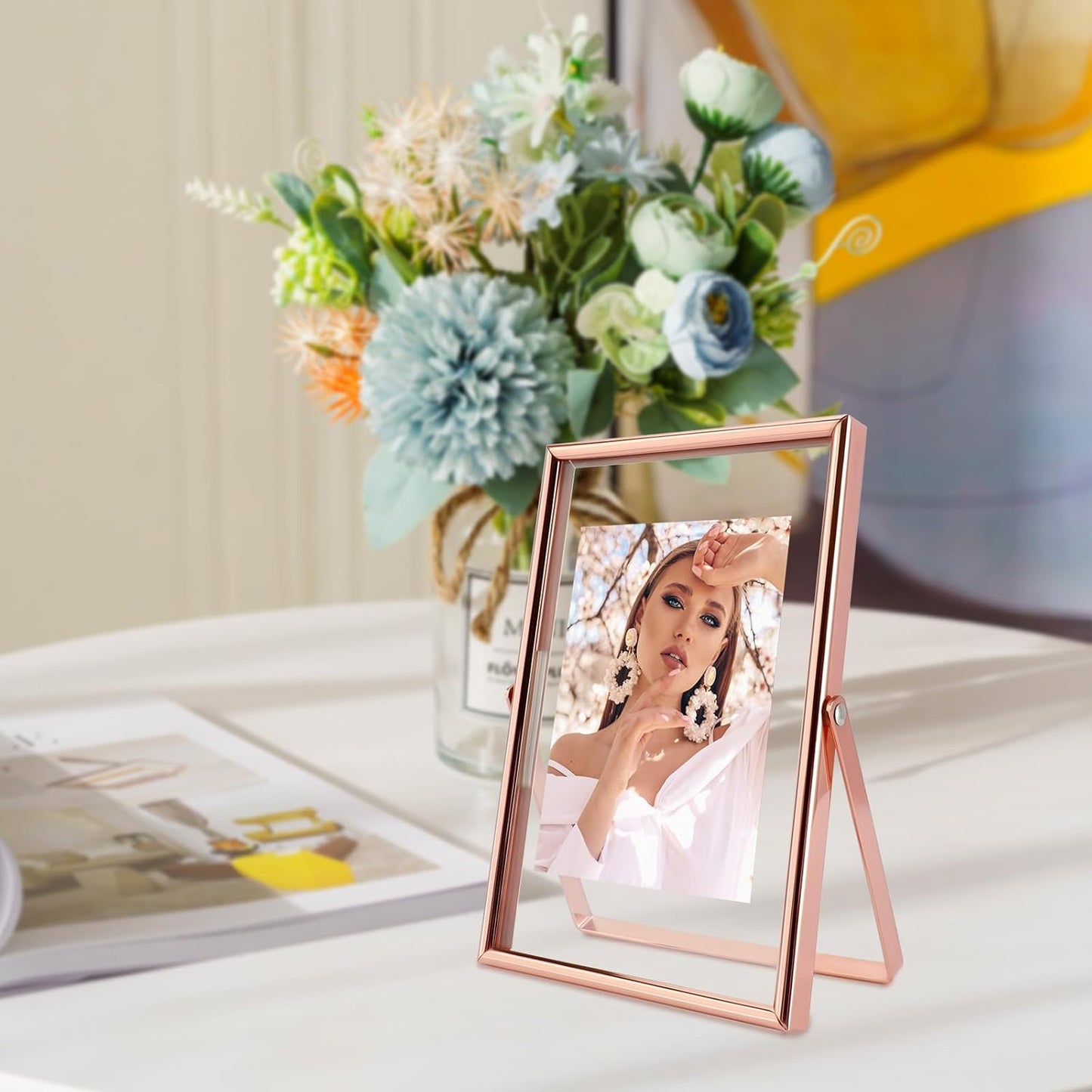 Rose Gold Floating Frame, 4"x6", Vertical, For Picture 3.5x5, 3x4, 2x3, Mini Tabletop Photo Frame, Classy For Festival, Wedding, or Birthday, Home or Office Decoration