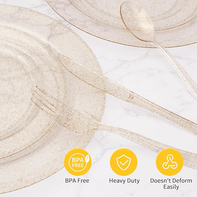 Goodluck 50 Pack Pre Rolled Gold Glitter Plastic Silverware, Wrapped Cutlery Set with Napkin Include 50 Forks, 50 Knives, 50 Spoons and 50 Napkins, Fancy Disposable Silverware for Party, Wedding