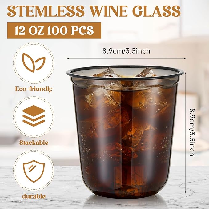 100 Pcs Disposable Stemless Glasses 12oz Crystal Plastic Wine Glasses Clear Classic Pet Cup for Meeting Weddings Birthdays Cocktail Christmas Party Supplies (Black)