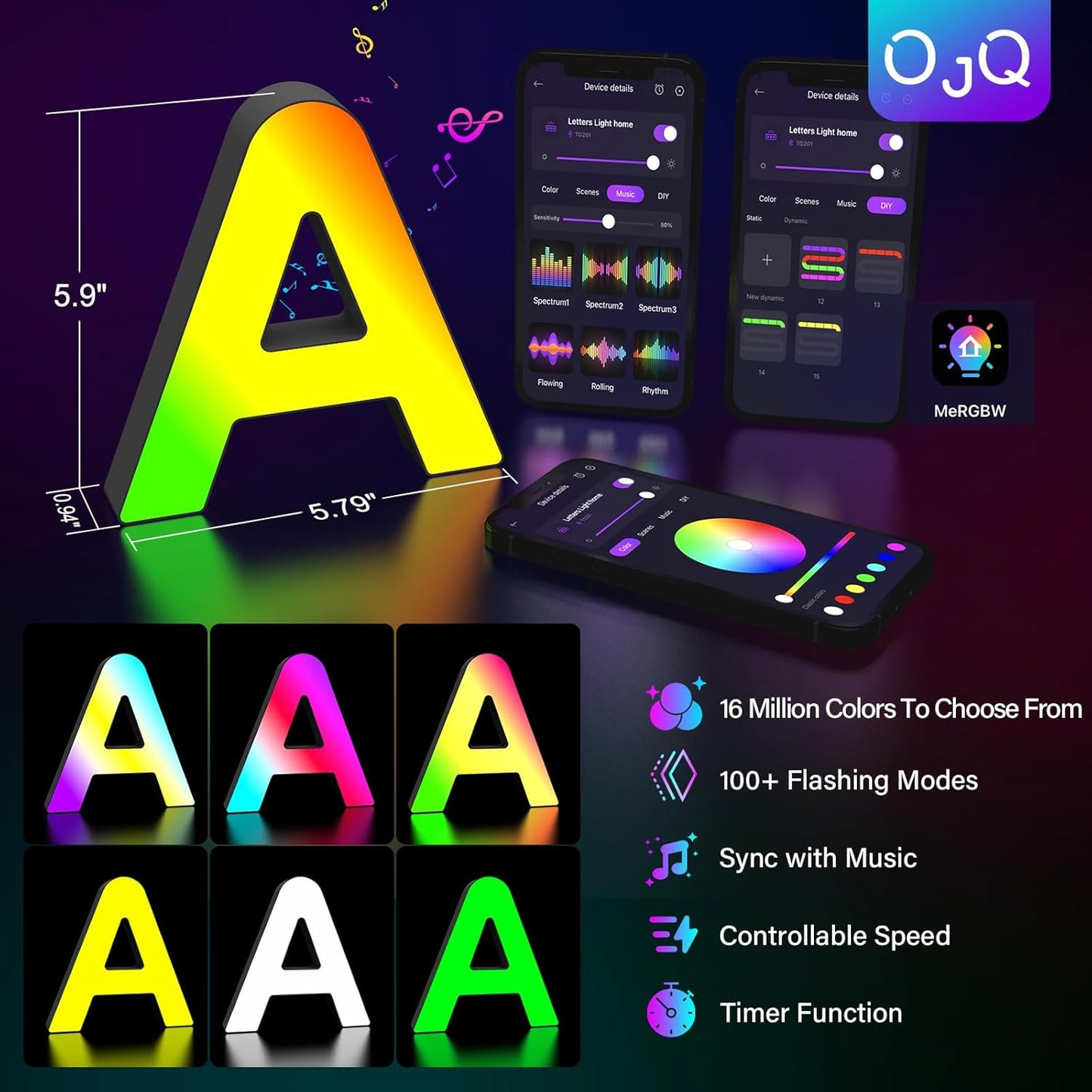 OJQ Light Up Letters LED Letter - Marquee Letters Room Decor Alphabet Letter Music Sync Color Change Colorful - Christmas Birthday Gifts for Girl - Teen Girls Gifts Party Home Wall Decor