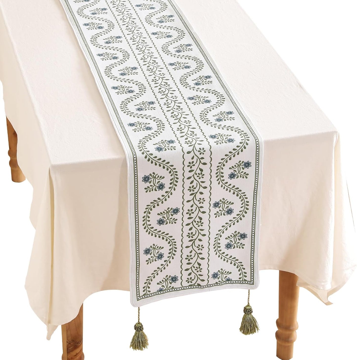 ISAENNE Designer White Elegant Linen Table Runner 87 Inches Long,Chinoiserie Floral Decor Durable Table Runners for Dining Tables,Thanksgiving,Kitchen Tables,Christmas,12"*87"-Mosella D