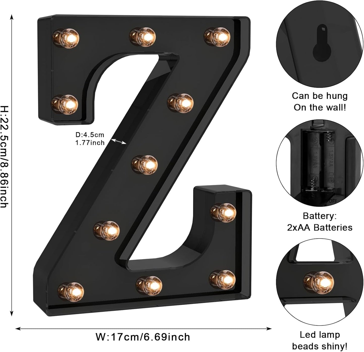 Foaky Black LED Letter Lights for Room Decor - Bedroom Wall Decor, Alphabet Lights for Home, Wedding, Party - Battery Operated （Z）