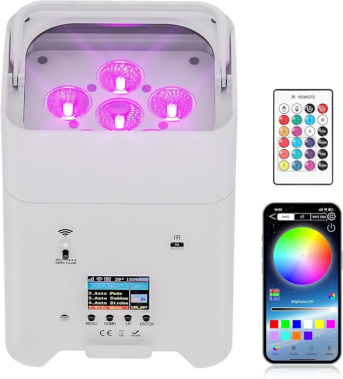 Battery Powered Stage Lights, 9600mAh Rechargeable Par Can Lights 6x18W RGBWA+UV APP/Remote/DMX512/Sound Activated, Uplights for Events Party Wedding DJ Concert Christmas Dance White