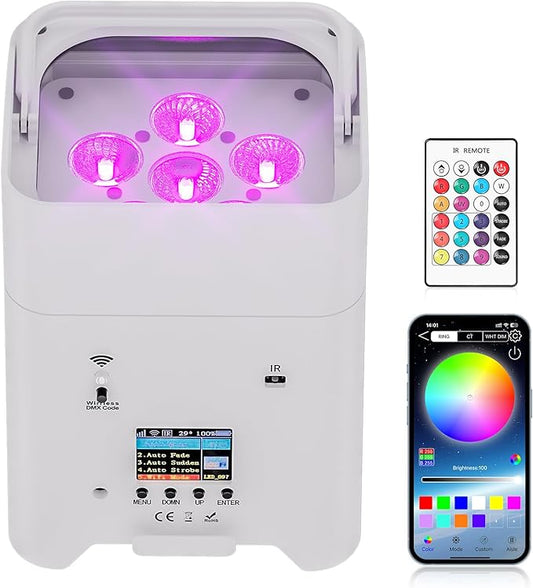 Battery Powered Stage Lights, 9600mAh Rechargeable Par Can Lights 6x18W RGBWA+UV APP/Remote/DMX512/Sound Activated, Uplights for Events Party Wedding DJ Concert Christmas Dance White