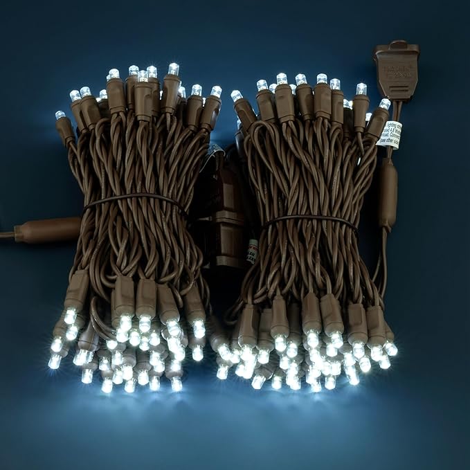 Cool White Wide Angle One-Piece LED Christmas Lights 48 Feet 140 Count, Pack of 2 Strands 70ct 5mm High Waterproof UL Certified Brown Cord String Lights