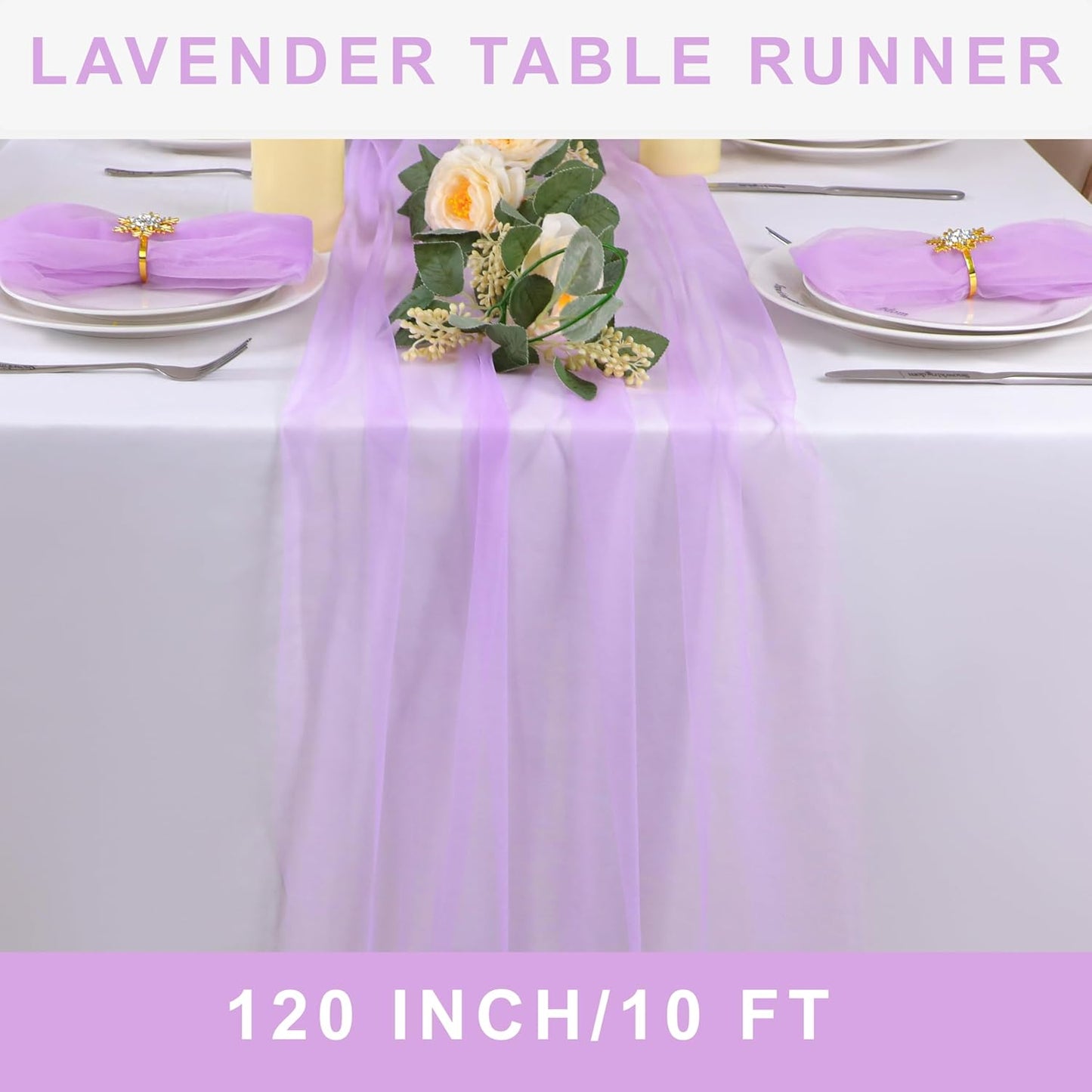 Snowkingdom Lavender Lilac Purple Table Runner, 10FT Light Purple Gauze Sheer Boho Rustic Cheesecloth Dining Table Decorations, Summer Tulle Runners for Wedding Party Baby Shower 120 inch