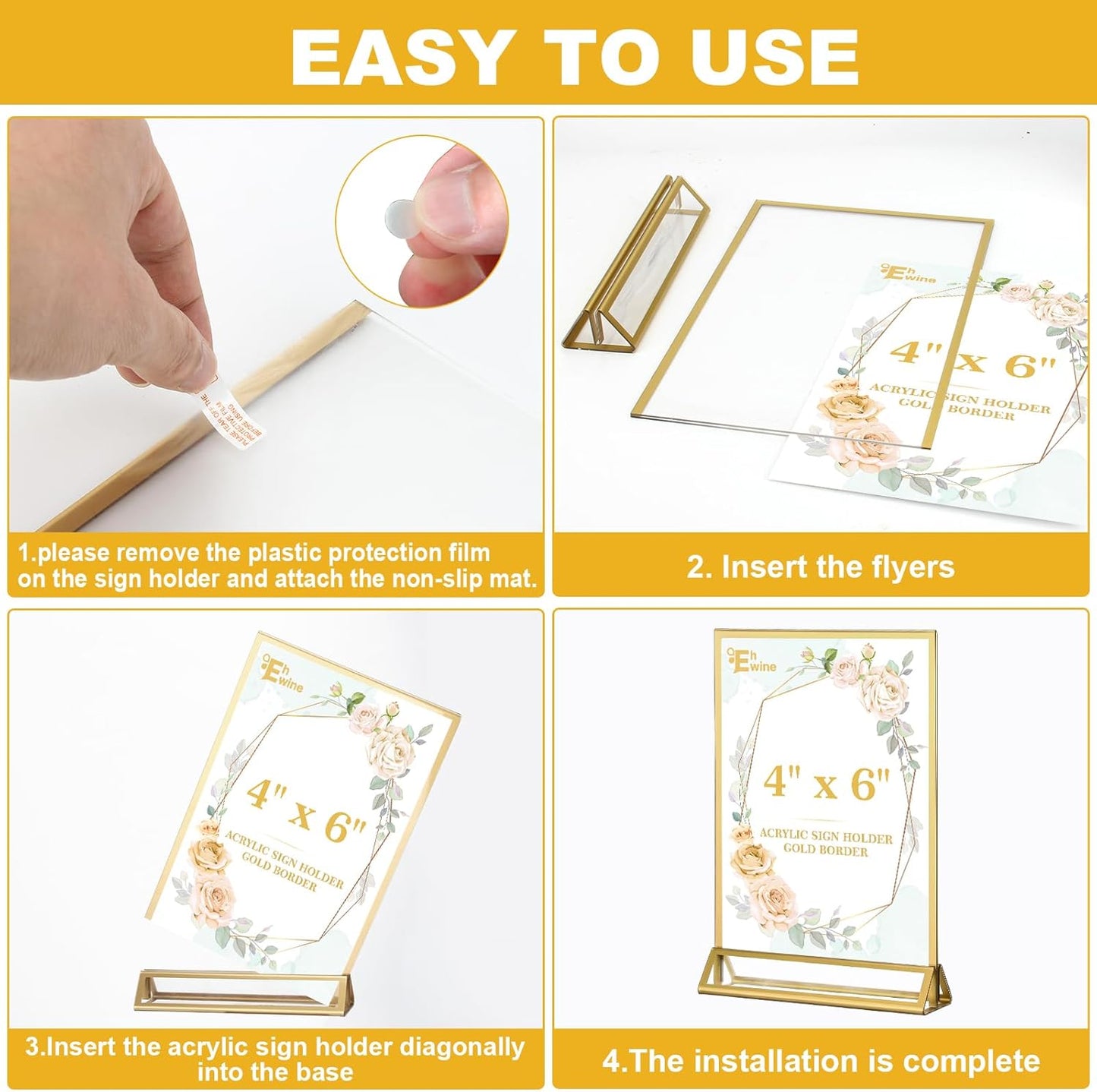 EHWINE 24 Pack Acrylic Sign Holder 5 x 7, Double Sided Gold Picture Frame Stand up Table Top Sign Holders, Clear Display Stand Menu Flyer Holder for Wedding Party