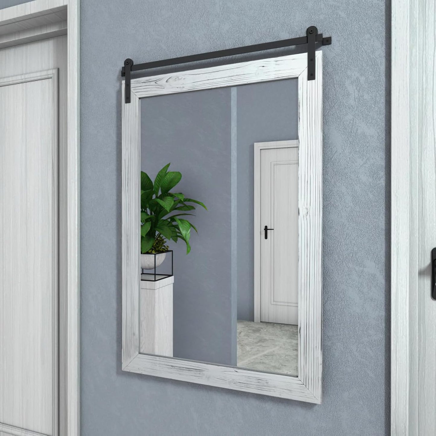 COGOOD Farmhouse Barn Door Mirror - 38" x 25" Rustic Wood Framed Wall Mirror for Bathroom, Living Room, Entryway Wall Decorative (White)