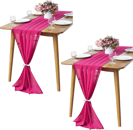 2 Pack 10Ft Fuchsia Chiffon Table Runner Sheer 29x120 Inch for Romantic Wedding Decor Bridal & Baby Shower Birthday Rustic Party Decoration