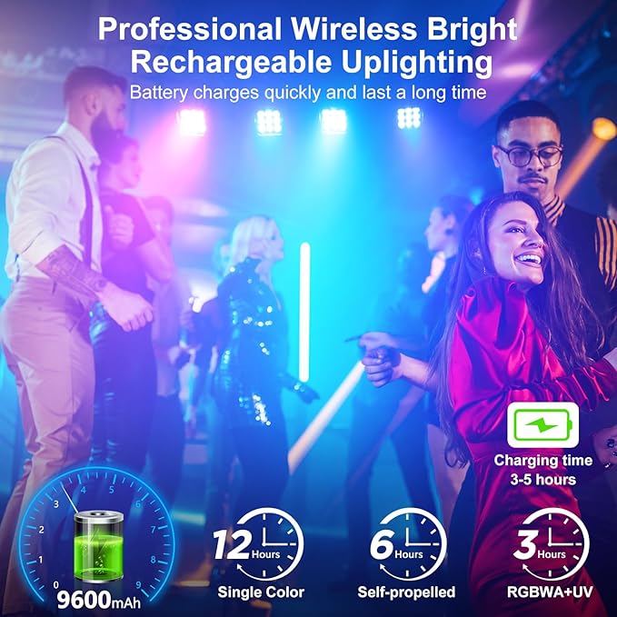 Battery Powered Stage Lights Uplights Rechargeable Par Lights IP65 Waterproof 9X18W LED 9600mAh RGBWAUV 6in1 with APP DMX Stage Uplighting for Event Wedding Party DJ Show Church