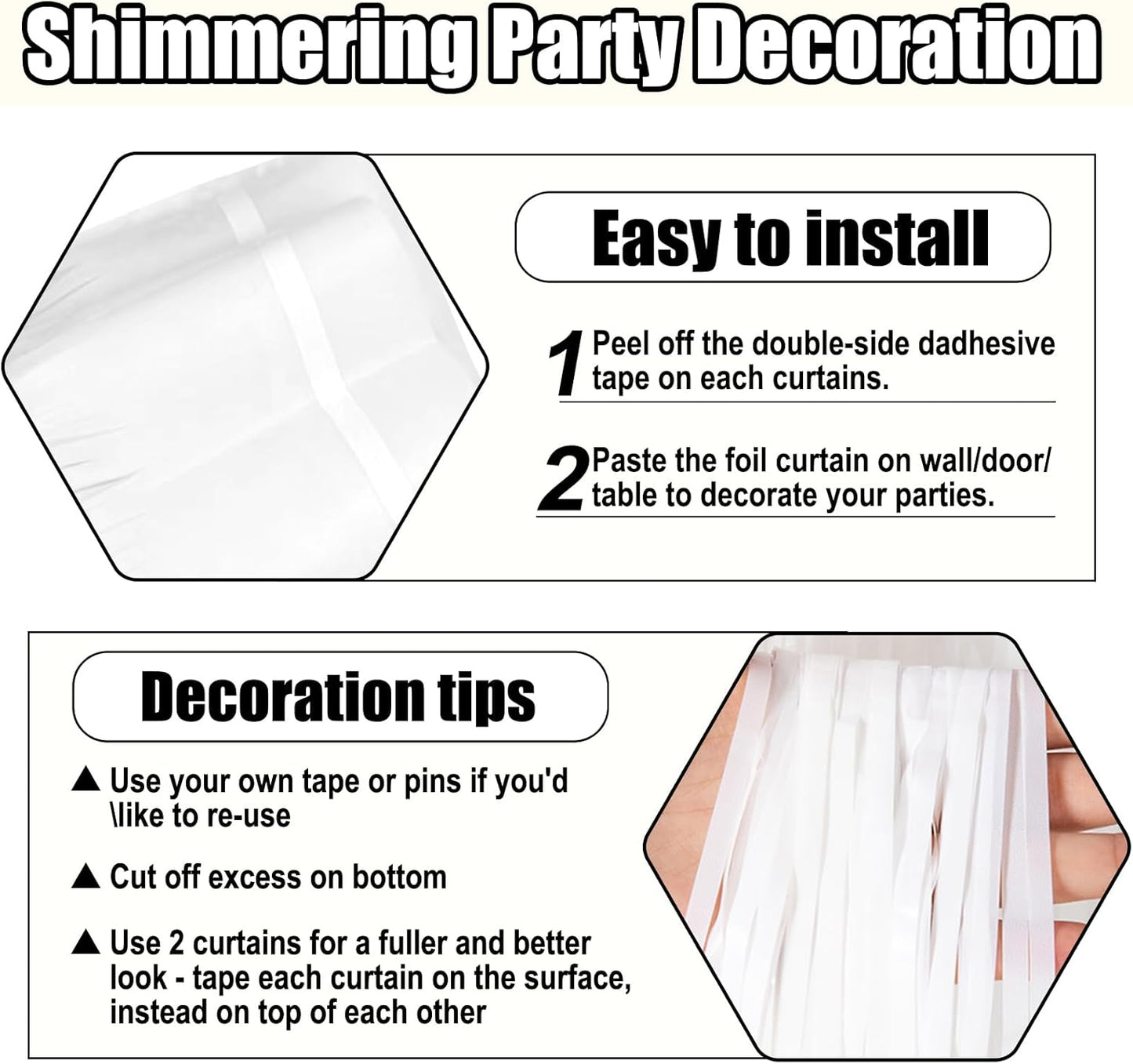 3 Pack White Foil Fringe Curtain Backdrop, 3.28Ft x 8.2Ft Metallic Tinsel Foil Fringe Streamer Curtains for Photo Booth, Mother's Day, Easter, Birthday, Wedding Party Decorations