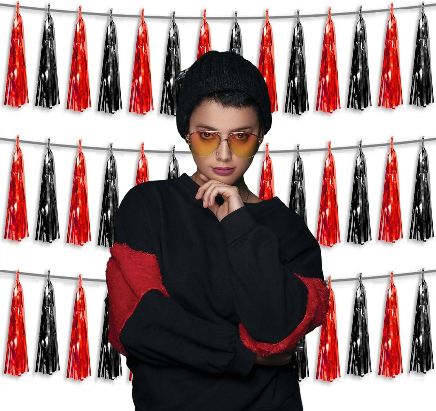 3P Metallic Fringe Tassel Banner Garland Foil Tinsel Streamer Wall Hanging Curtain Backdrop Banner for Parade Floats, Halloween Decorations, Christmas Day Party Decoration(Black red)