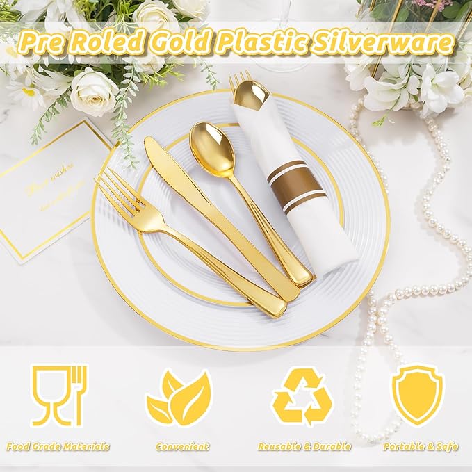 Liacere 100Pack Pre Rolled Gold Silverware and Napkin-Disposable Gold Plastic Utensils-Wrapped Plastic Cutlery Set with Napkin:100 Forks,100 Knives,100 Spoons,100 Napkins for Christmas＆New Years