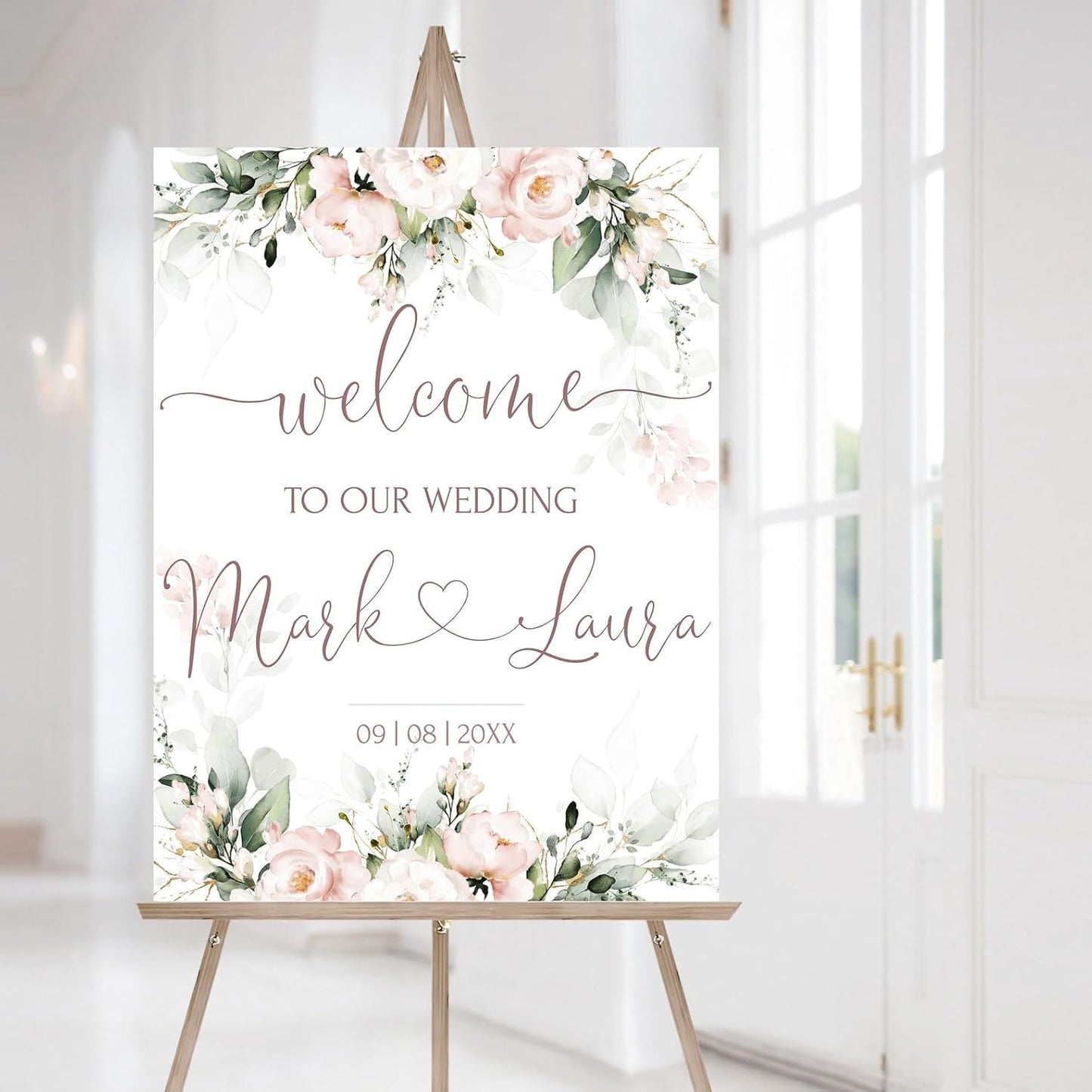 Welcome Wedding Sign Personalized, Soft Floral Pink Wedding Sign Decorations Signage 12" X 18" (Small), 27" (Medium), 36" (Large), Plastic, Modern, Pole Mount, Weather