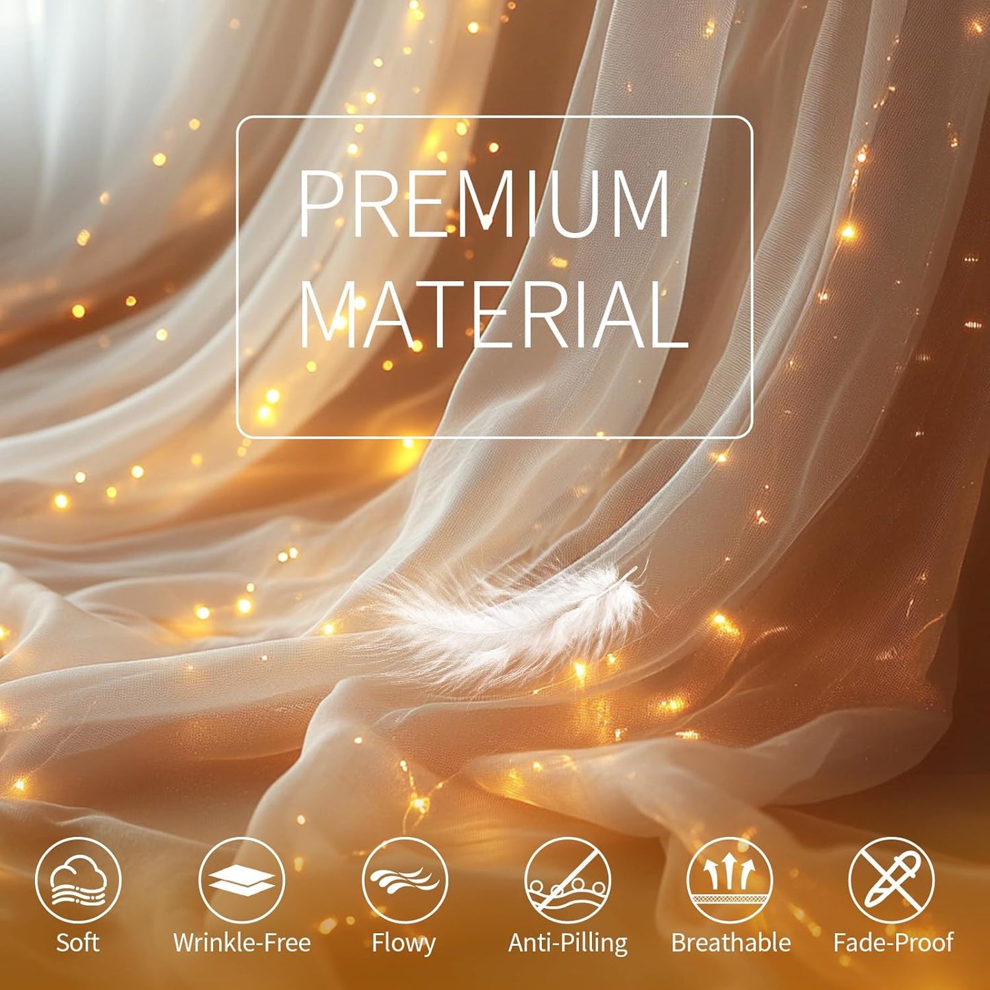 Champagne Tulle Backdrop Curtain with Lights String - 10x8ft Sheer Backdrop with 250 LEDs for Wedding, Baby Shower, Bridal Shower, Birthday Party Photo Shoot Background and Home Decorations