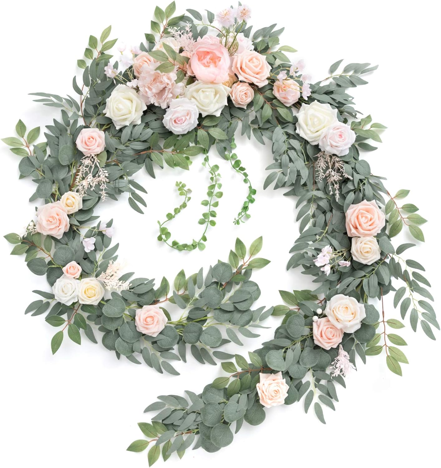 Ling's Moment 9FT Flower Garland for Backdrop Decorations - Wedding Arch Flowers, Eucalyptus & Rose, Artificial Floral Garland for Mantle - Sweetheart Table Decor for Ceremony Reception, French Pink