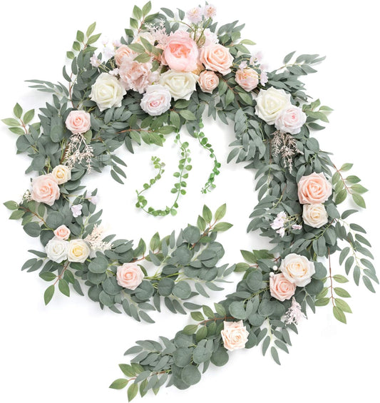Ling's Moment 9FT Flower Garland for Backdrop Decorations - Wedding Arch Flowers, Eucalyptus & Rose, Artificial Floral Garland for Mantle - Sweetheart Table Decor for Ceremony Reception, French Pink