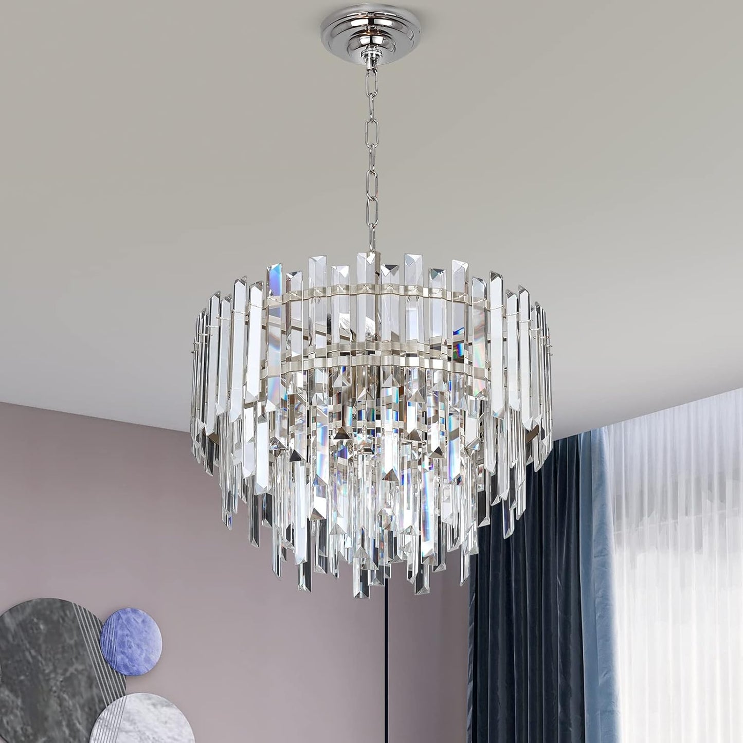 Chrome Crystal Chandelier Lighting 17.7'' for Dining Rooms Bedroom Foyer Entryway Ceiling Hanging Pendant Chandelier Light Fixture Lamp