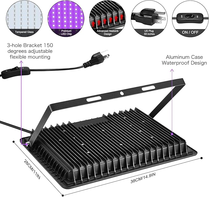 4 Pack 200W LED Flood Black Lights,395nm to 405nm UV Outdoor Flood High Power Blacklight Light with Plug in, IP66 Waterproof Large Black Light Spotlight for Glow Party Large Space, Halloween