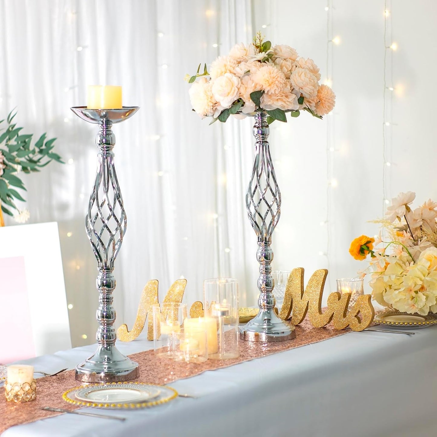 LANLONG 10pcs Metal Silver Candle Holders Road Lead Table Centerpiece Stand Pillar Candlestick for Wedding Candelabra Flowers Vases