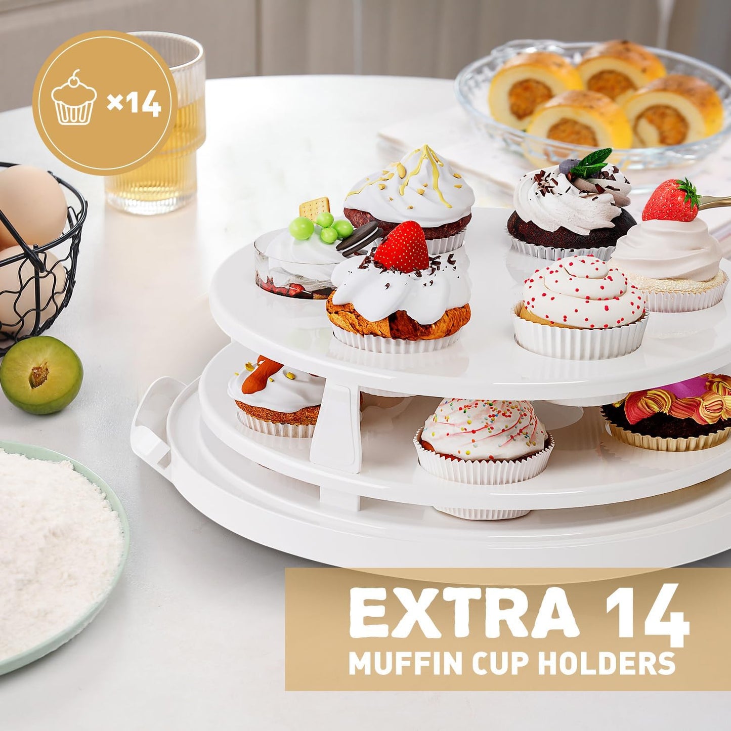 Round Cupcake Carrier for Transport, Two Tier Cupcake Container with Lid and Handle, Multipurpose Cake Holder fits 10 inch Cake, Cupcake Box Holds 14 Standard Cupcakes,White