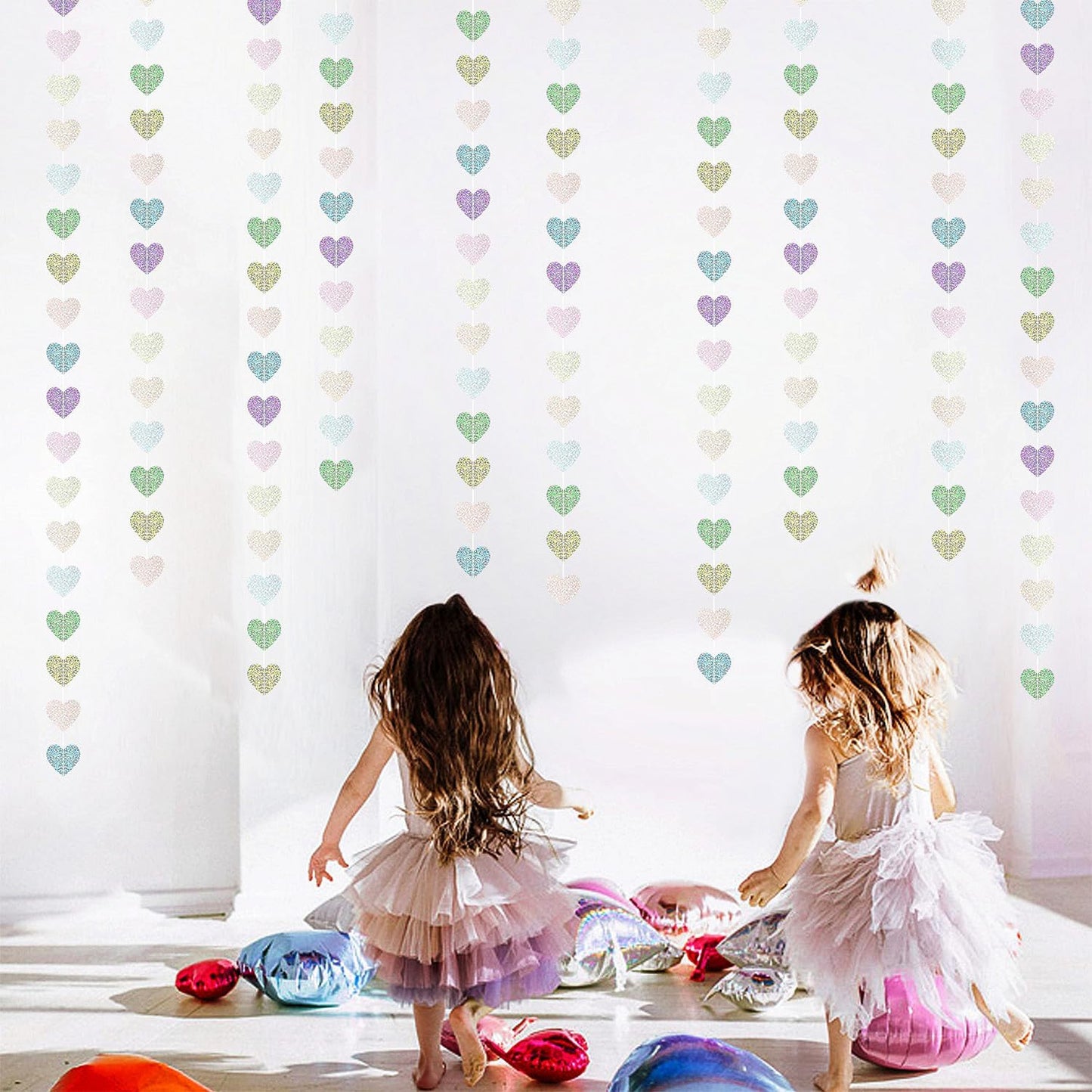 Iridescent Disco-Holographic Party-Decorations Heart Streamers-Garland - 52ft Glitter Dance Hanging Paper Banner, Wedding Bachelorette Birthday Euphoria Galentines Decor Hugfond