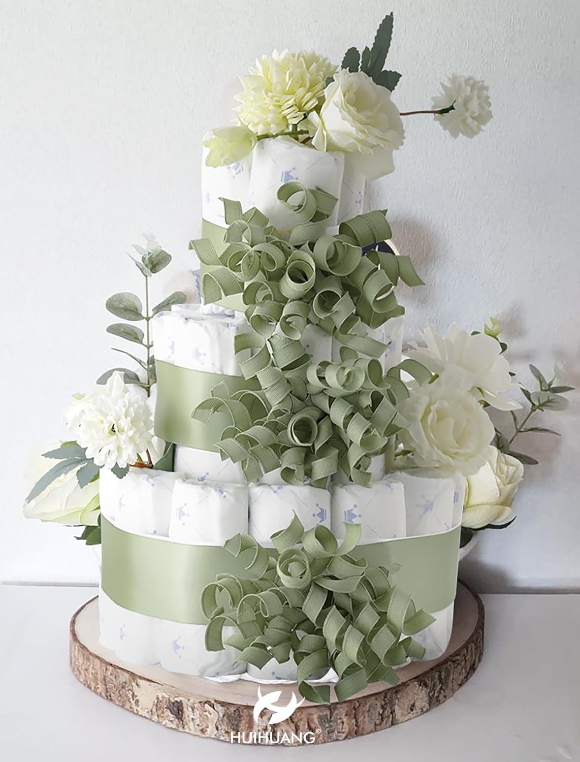 HUIHUANG Sage Green Bows for Gift Wrapping, Sage Curly Ribbon Bows Self Adhesive Burst Gift Bow for Presents, Wine Bottle, Treat Bags, Wrap Accessories, Bridal Shower Wedding Party Favor - 6 Counts