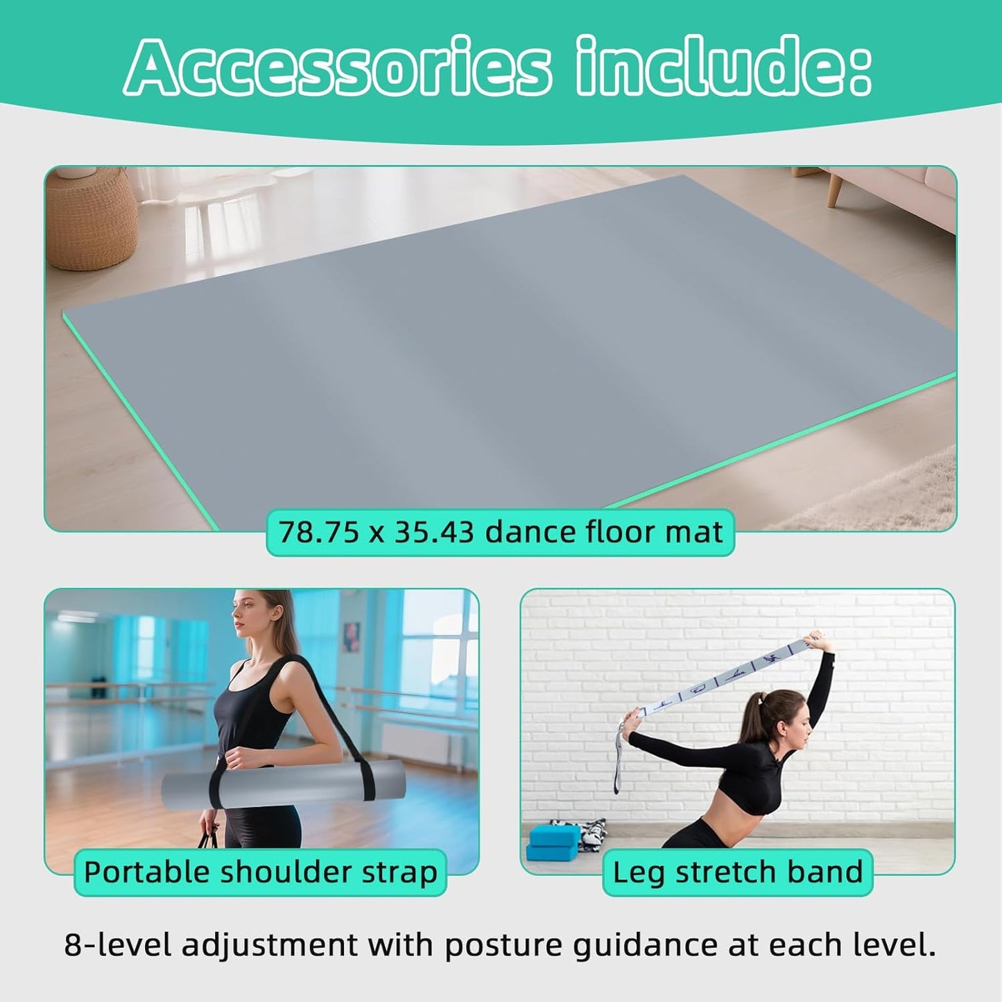 Dance Floor Mat Non-Slip with Shoulder Strap Portable and Dance Resistance Band, Dance Floor for Ballet,Jazz, Pop Thick PVC Practice Floor Reusable Mat (Gray-Green, 180cm*91.5cm*0.35cm)