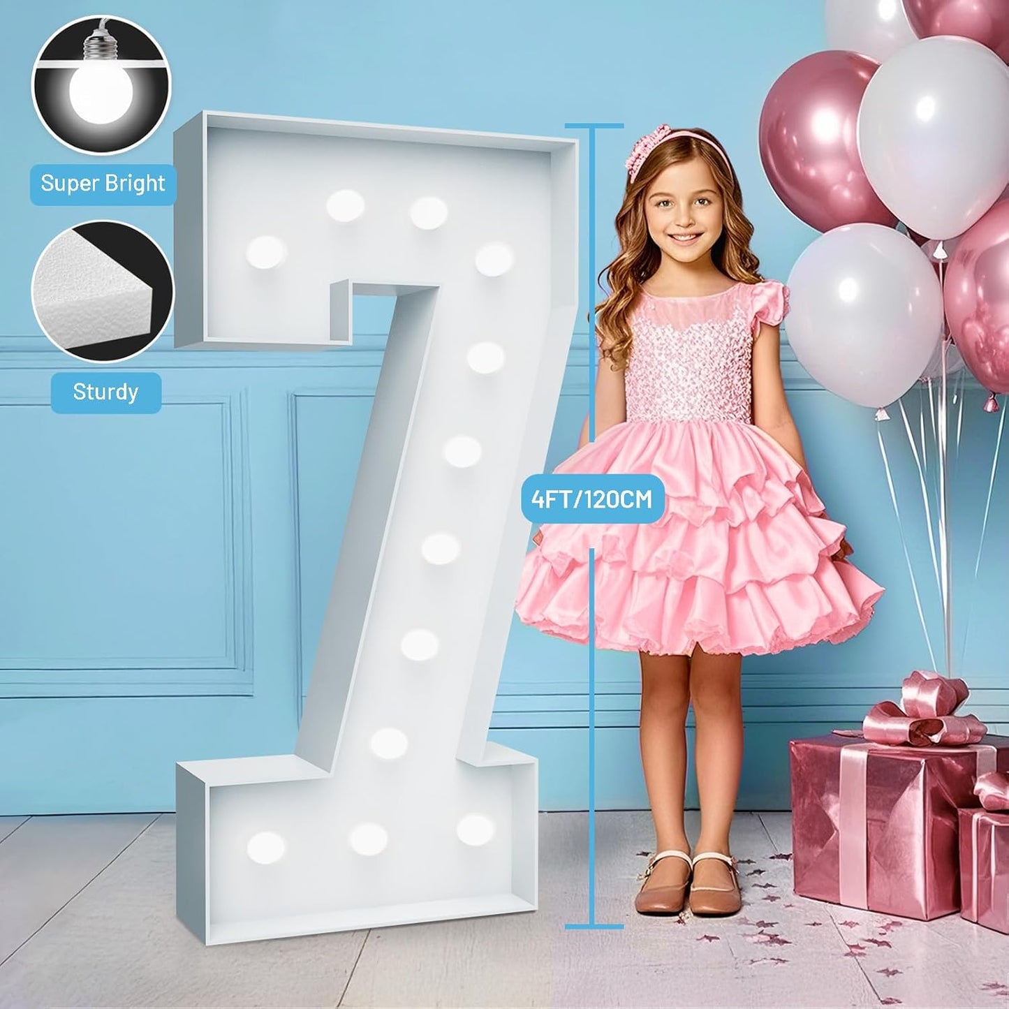 4FT Marquee Light Up Numbers - Cool White Light Up Numbers 7 with Fixed Water Bag, Party Decoration Large Marquee Light Up Numbers can Be Used for Wedding Decoration, Birthday Party Decoration