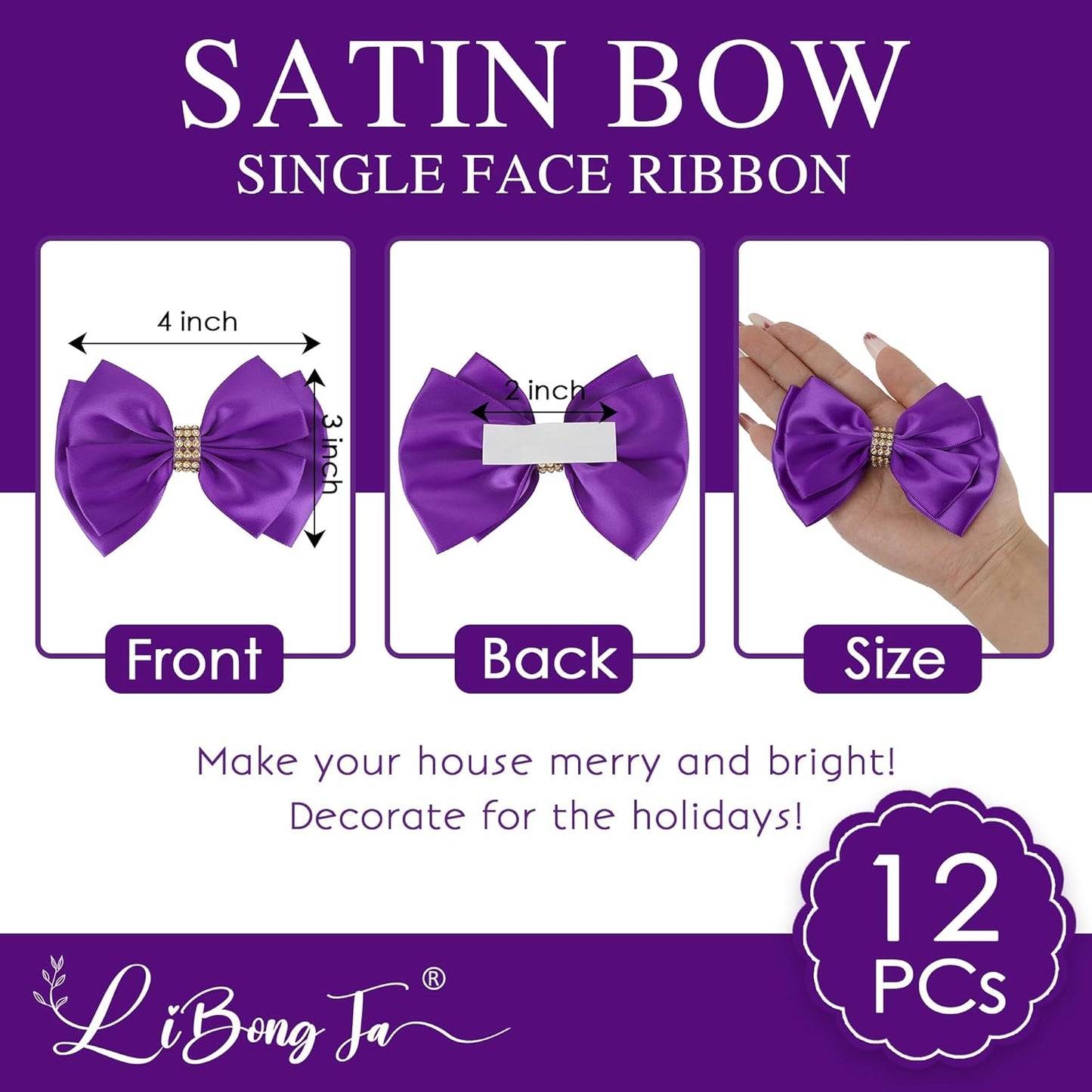 Purple Ribbon Bow 4'' Premade Satin Bow, Purple Gift Bows with Rhinestone, Wrapping Bows for Presents, Greeting Cards, Treat Bags, Wine Bottles, Valentines Bows for Gift Wrapping-12 Counts