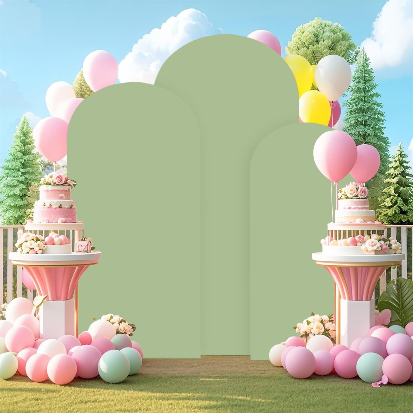 Arch Stand and Cover Set 6FT 6.6FT 7.2FT Arched Backdrop Stand with Spandex Fitted Arch Cover Gold Arch Frame Stand Backdrop for Party Supplies Sage Green Arch Covers for Wedding Anniversary Decor