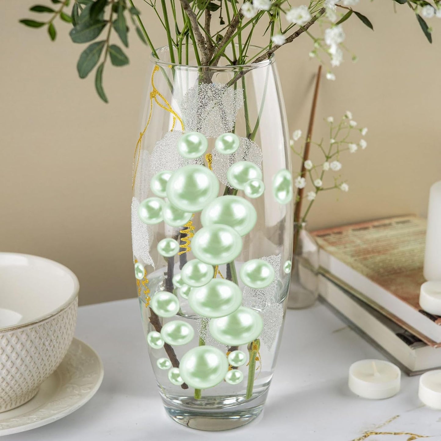 100PCS Light Green Faux Pearls Beads for Centerpiece Vases, Vase Filler Faux Pearls, No Holes Filler Beads for Easter Party Anniversary Birthday Wedding Table Decor, 14/20/30mm