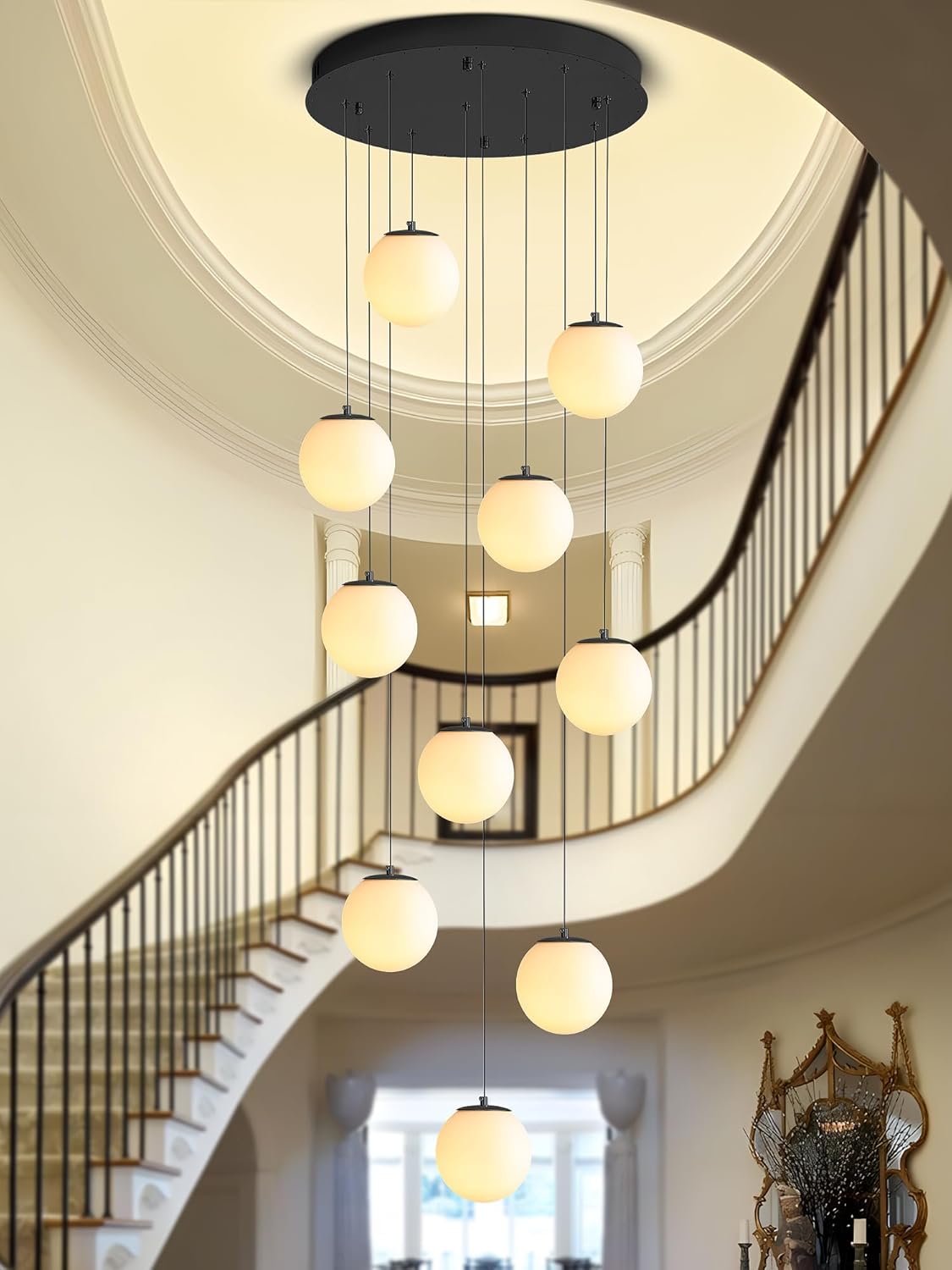 H118 Large Chandeliers for High Ceilings,12-Lights Mid Century Globe Chandelier Black Modern Globe Pendant Light for Entryway Villas and Stairs