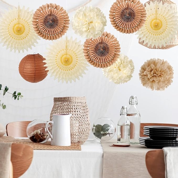 SUNBEAUTY 10 Pcs Brown Party Decorations Rustic Paper Natural Birthday Party Decorations Hanging Lanterns Tissue Paper Pom Poms Cream Folding Fans Kit for Girl Women