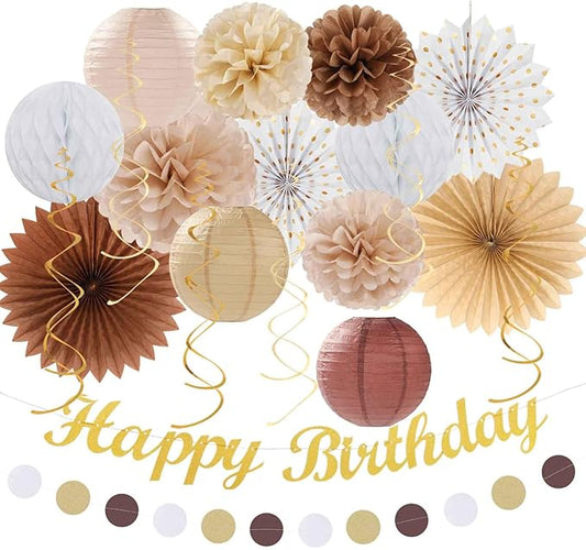 White-Brown Champagne-Gold Boho Birthday Party-Decorations - 21pcs Happy Banner,Beige Neutral Rustic Paper Lanterns Honeycomb, Hanging Streamers,Tissue Pom Poms Flower Fan,Fall Decor Supplies Huglony