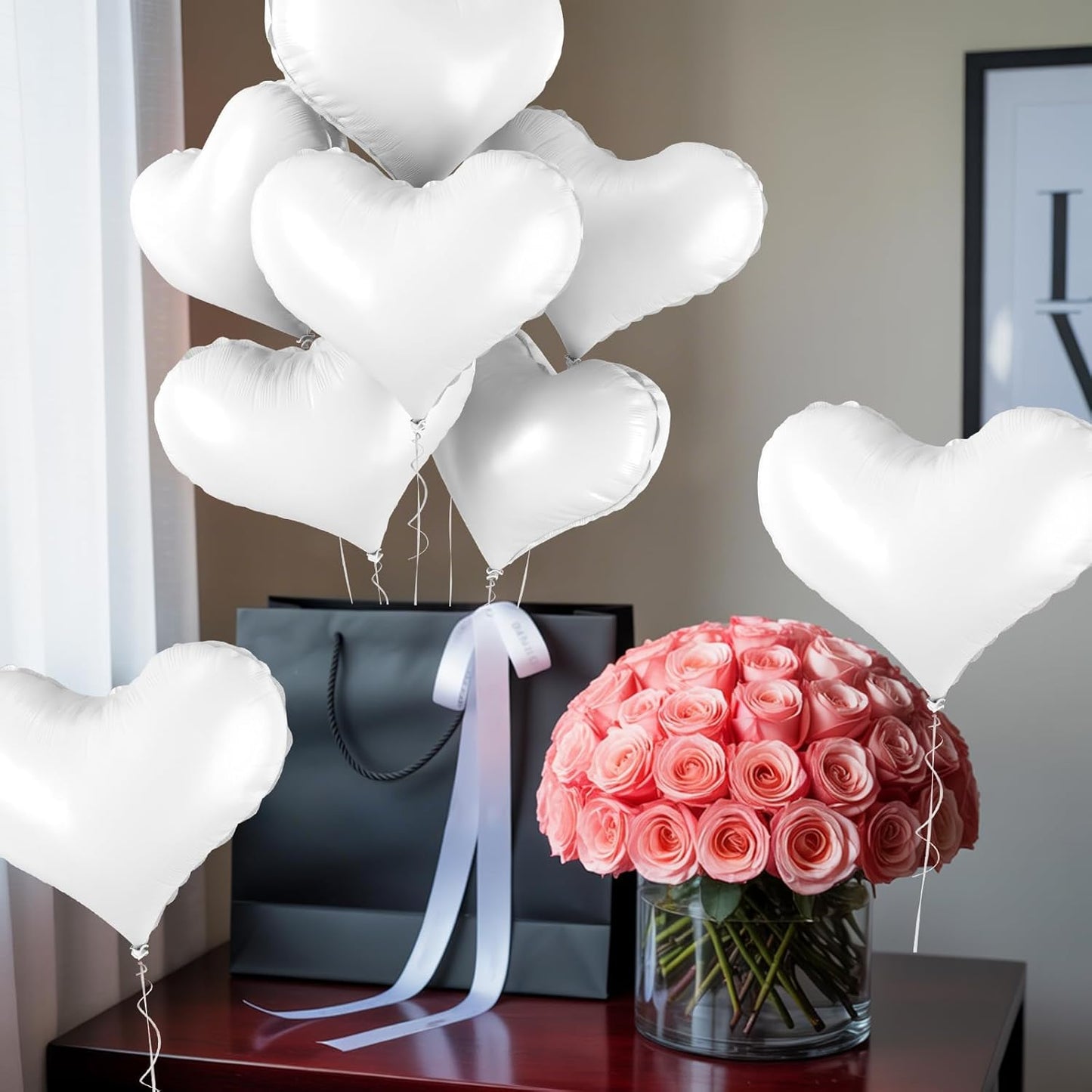 24 Inch White Heart Balloons, Heart Shaped Foil Balloons, White Wedding Helium Balloon for Valentines Day Bridal Shower Anniversary Wedding Birthday Party Decorations