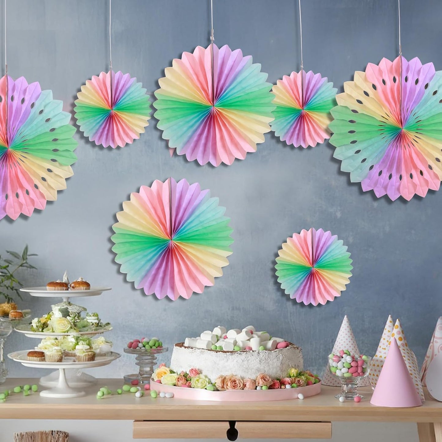 SUNBEAUTY Paper Fan, Pastel Flowers, Decor for Wall, Rainbow Decorations Hanging, Macarons Paper Fans Backdrop for Tea Party Weddding Spring Birthday Classroom Baby Shower -11 Pcs