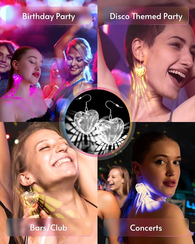 LED Earrings Light Up Earrings 16 Light Modes Rechargeable Disco Heart Earrings for Women Disco Party Decorations & Rave Accessories