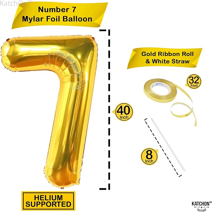 KatchOn, Giant Gold Number 7 Balloon - 40 Inch | 7th Birthday Balloon for 7th Birthday Decorations | 7 Balloons for Birthday | Seven Number | 7 Year Old Balloons for 7 Year Decorations