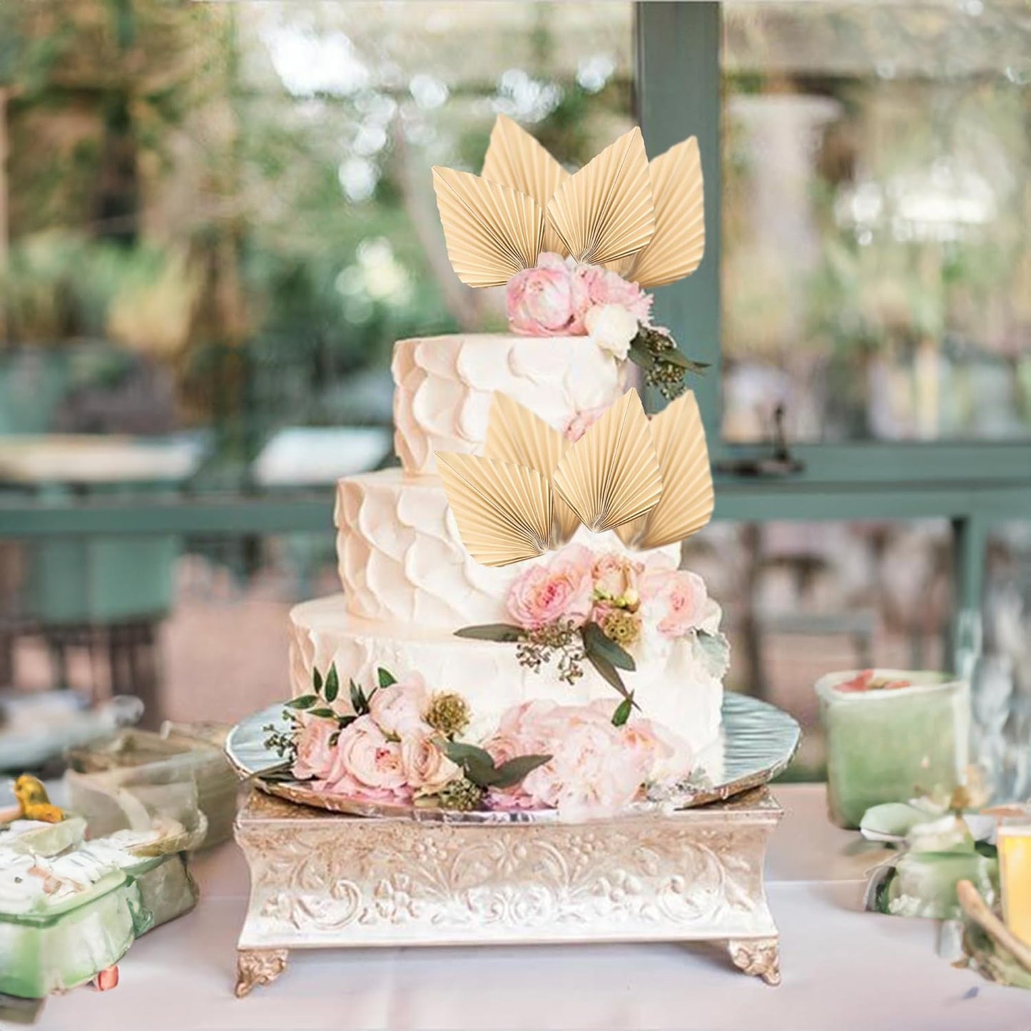 Ephlyn 6Pcs Paper Palm Fan Cake Topper Palm Spear Leaves Fan Cake Pick for DIY Craft Project Bridal Shower Wedding Bridal Shower Birthday Anniversary Party Cake Decorations Khaki