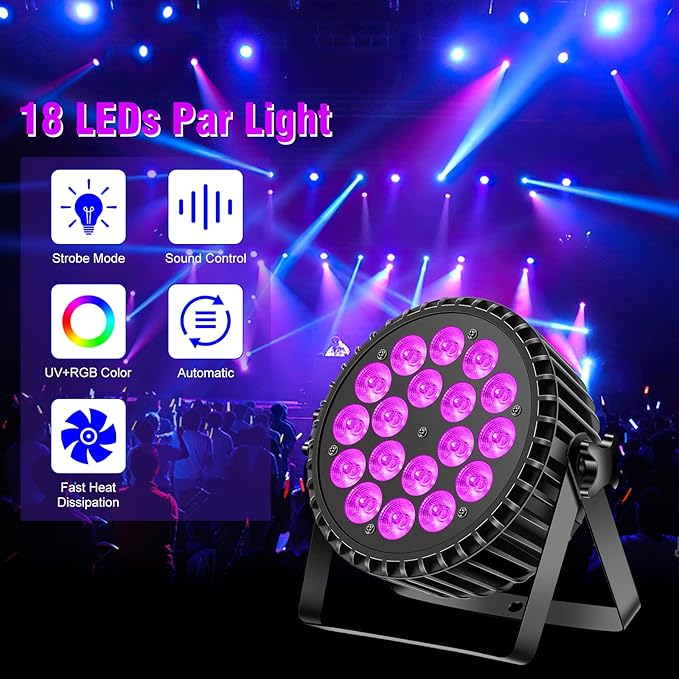 Par Can Lights Stage Lights, 18 LED 180W RGB+UV Uplights Stage Lighting Effect by DMX and Sound Control Stage Lighting for Party Bar Disco DJ Live Show Wedding (16 Packs)