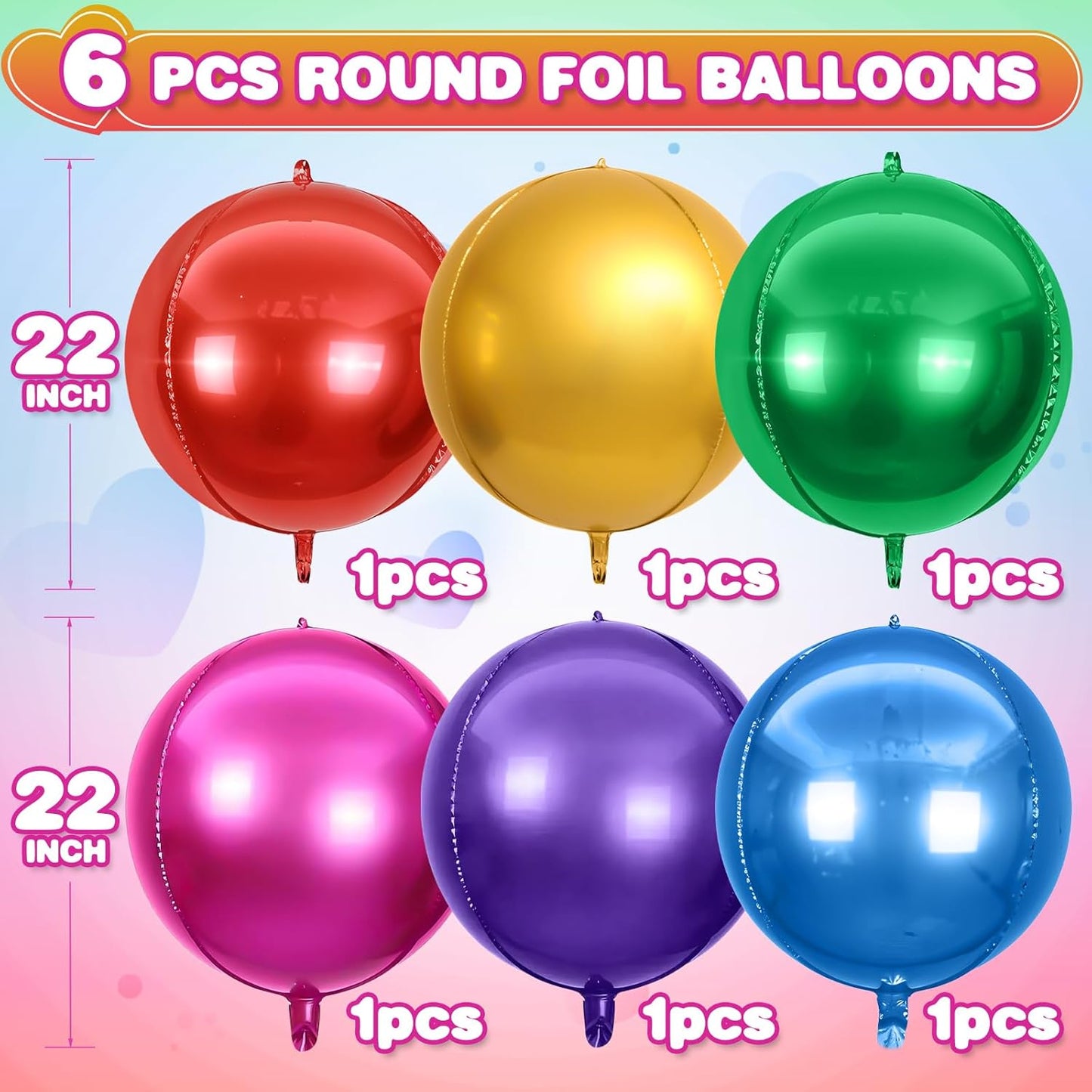 6Pcs Colorful Round Foil Balloons,Giant 4D Round Ball Balloon,22 Inch Large Balloons for Birthday Wedding Baby Shower Anniversary Engagement Party Decorations