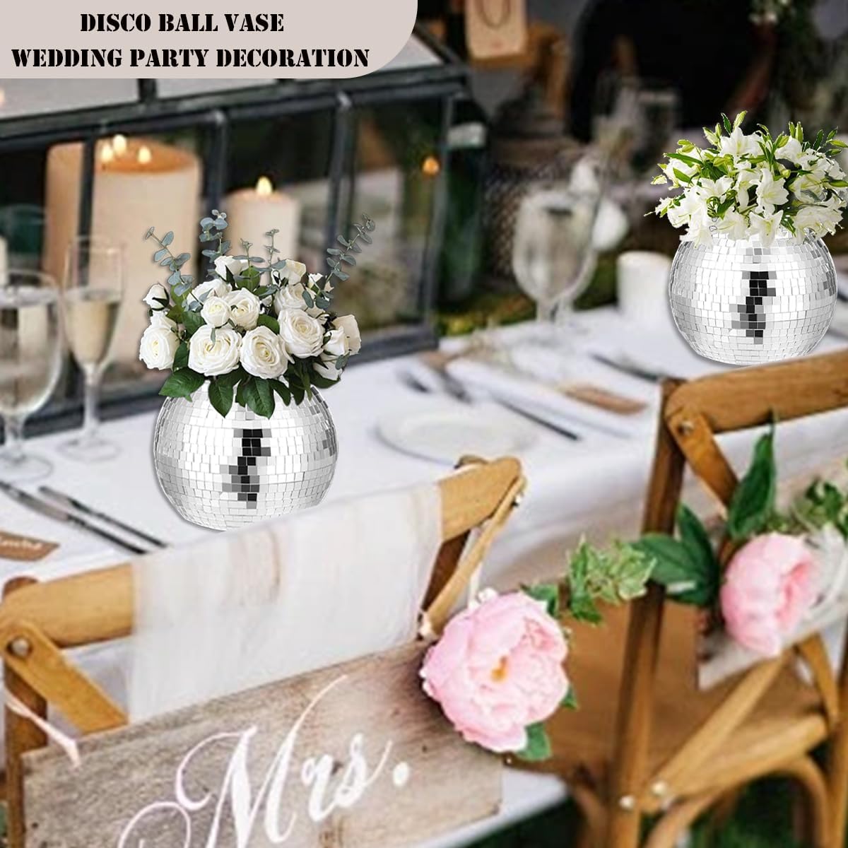 6 Pcs Disco Ball Vase,Plastic Disco Ball Centerpieces Silver Disco Ball Planter Mirror Disco Ball Ice Bucket Disco Ball Decor Can Be Used for Wedding Centerpieces,Birthday,Office(9 Inch)