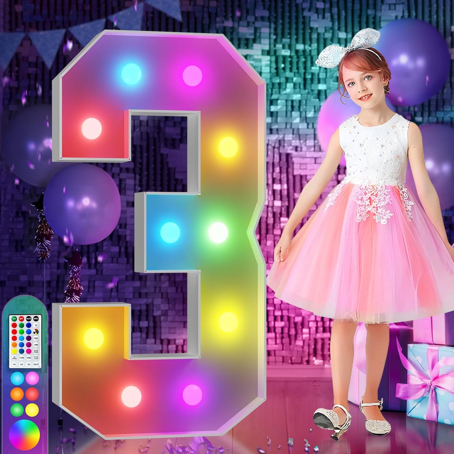 imprsv 4FT Colorful Marquee Numbers,18 Colors Number 3 with Remote, Light Up Numbers Sign for 30th Birthday Decorations Anniversary Party Decor, Pre-Cut Foam Board Kit, Mosaic Sign for Balloon