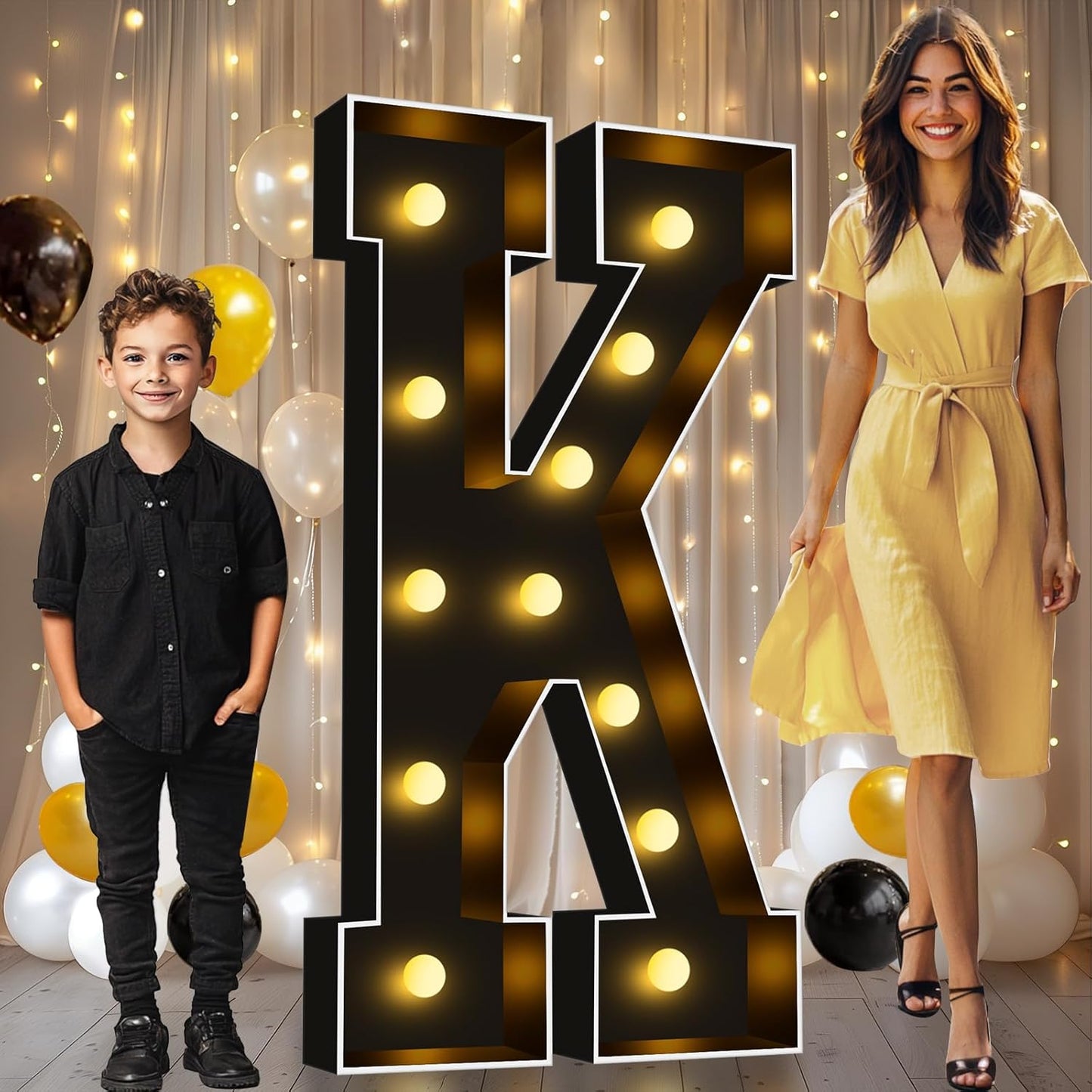 Pooqla 4 FT Marquee Light Up Letters, Black Marquee Letter Lights 4 Feet Tall, Giant Letter Sign Big Mosaic Letters for Balloons Birthday Party Anniversary Wedding Decorations, Warm White Letter K