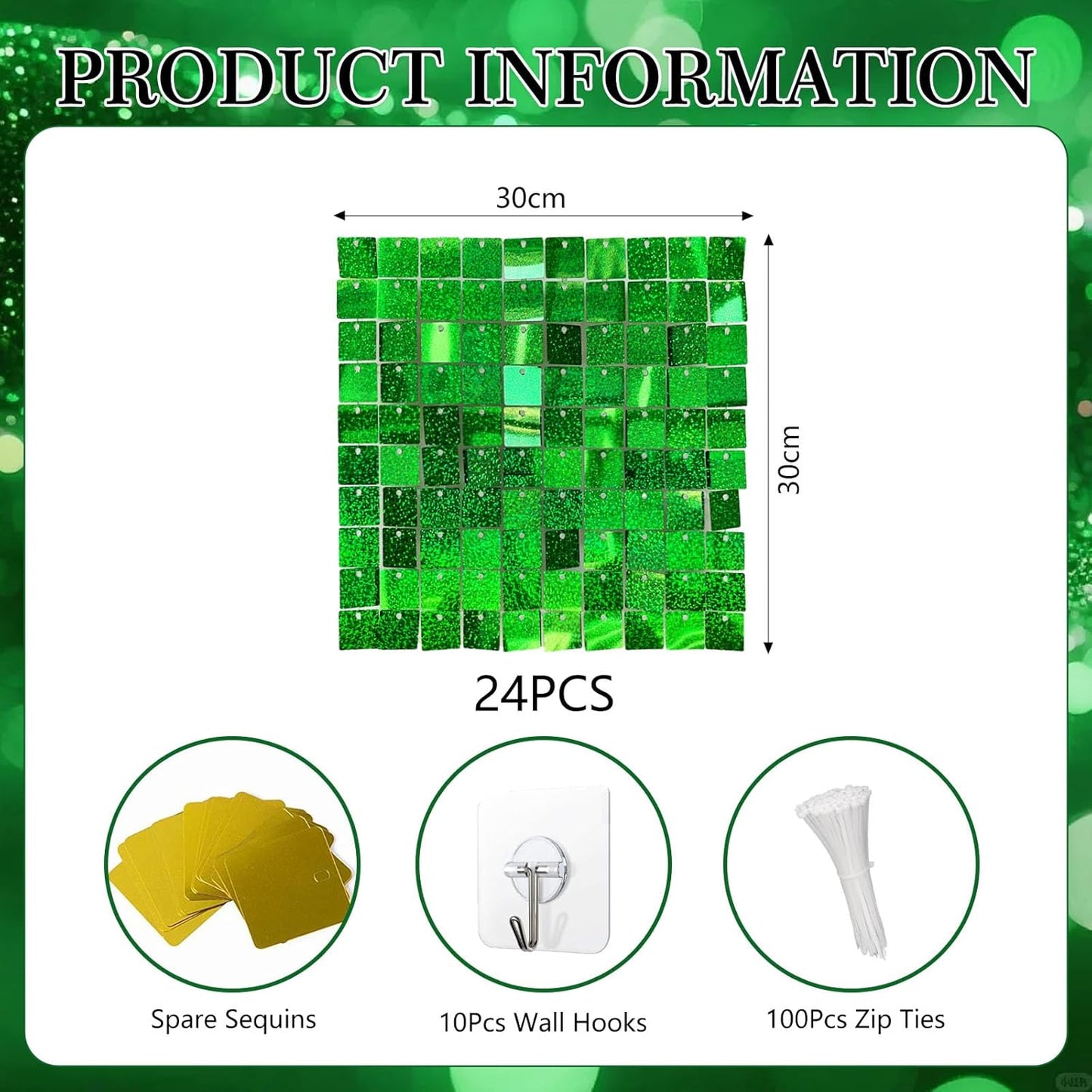 24PCS Green Shimmer Wall Backdrop, Laser Square Sequin Photo Backdrops Panel, Glitter Wall Background for Birthdays, Weddings, Christmas, Engagements, Disco Bachelorette Party Decoration (4FTx6FT)